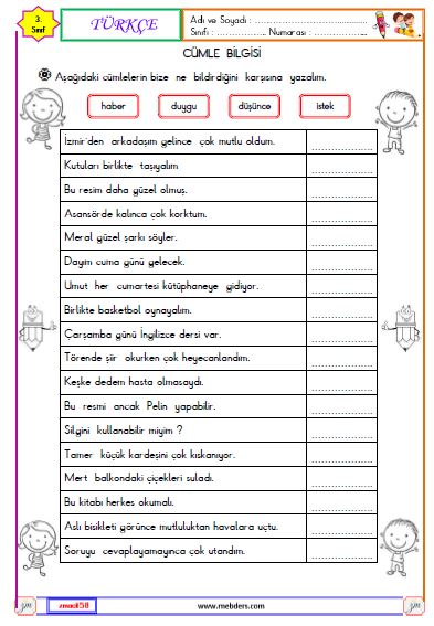 3. Sınıf Türkçe Cümle Bilgisi Etkinliği