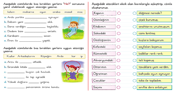 1. Sınıf Türkçe Cümle Tamamlama ve Boşluk Doldurma Etkinliği