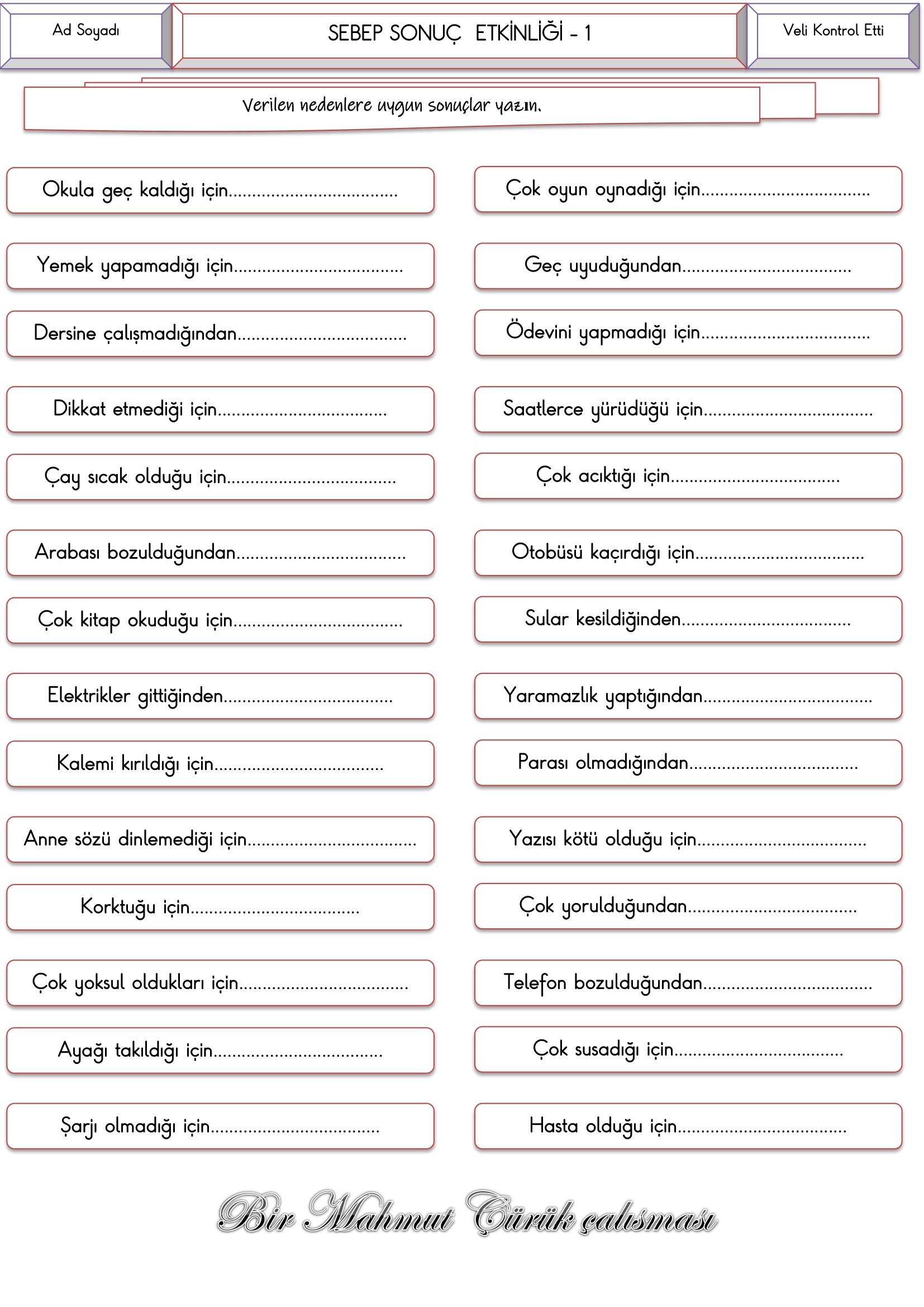 4.Sınıf Türkçe - Sebep Sonuç Etkinliği