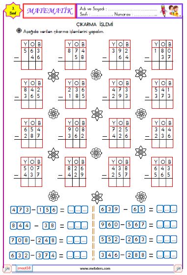 3. Sınıf Matematik Çıkarma İşlemi Etkinliği 3