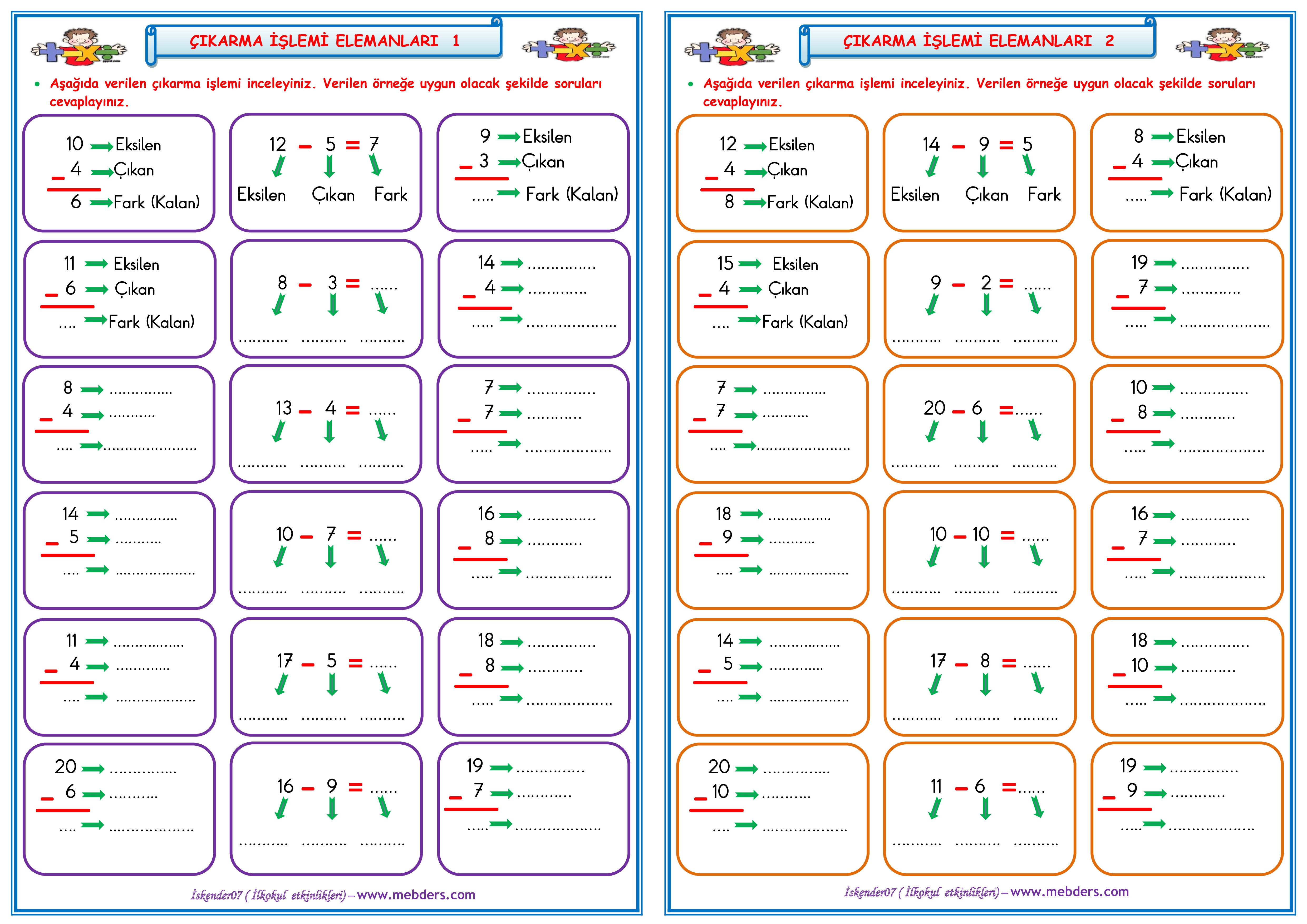 1.Sınıf Matematik Çıkarma İşlemi Elemanları  1-2    (2  Sayfa)