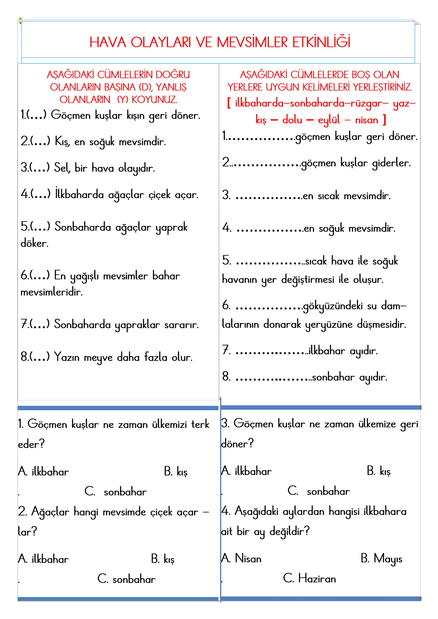 2.Sınıf - Hayat Bilgisi Hava Olayları ve Mevsimler Etkinliği