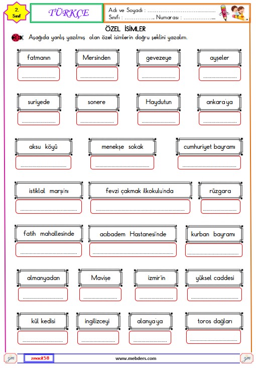 2. Sınıf Türkçe Özel İsimlerin Yazılışı Etkinliği