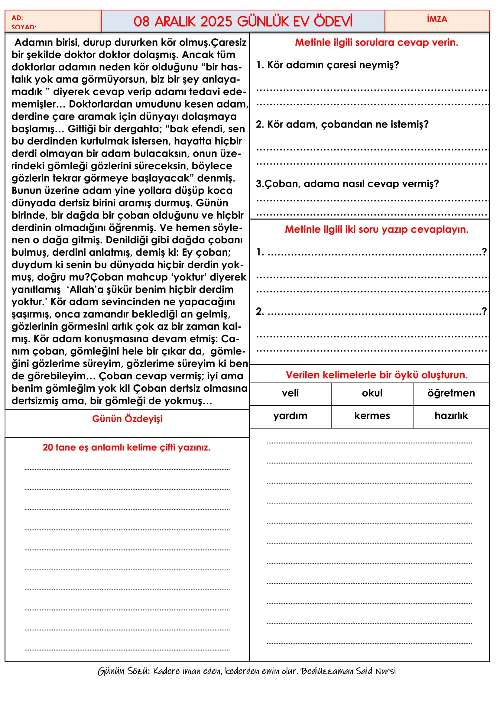 4.Sınıf - 08 Aralık 2025 Günlük Ev Ödevleri