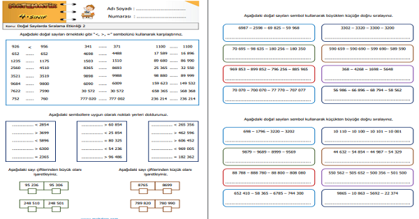 4.Sınıf Matematik Doğal Sayılarda Sıralama Etkinliği 2