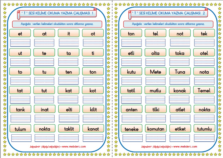 1.Sınıf T-t Sesi Hece Kelime Çalışması  1-2   (2 SAYFA)