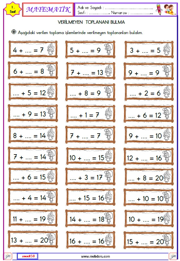 1. Sınıf Matematik Verilmeyen Toplananı Bulma Etkinliği Etkinliği 3