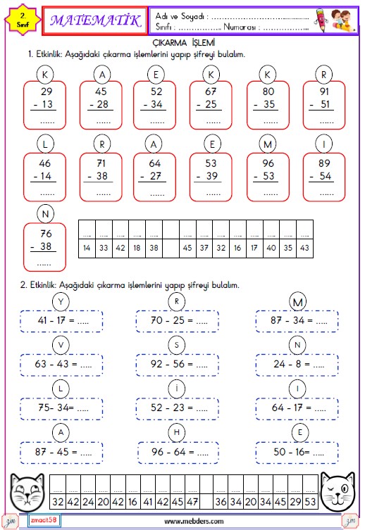 2. Sınıf Matematik Onluk Bozmadan ve Onluk Bozarak Çıkarma İşlemi Etkinliği 1