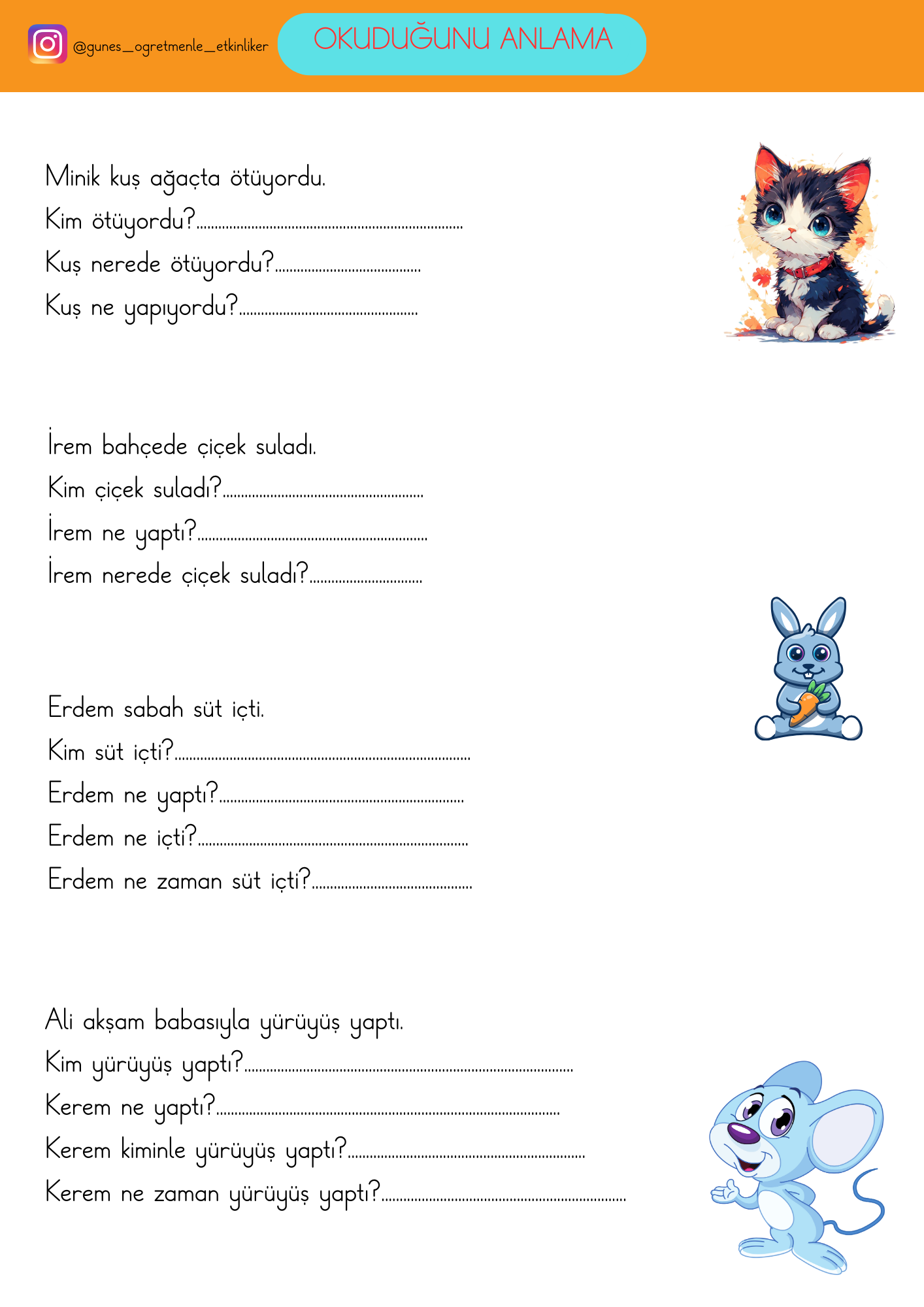 1.Sınıf Okuma Anlama Metinleri