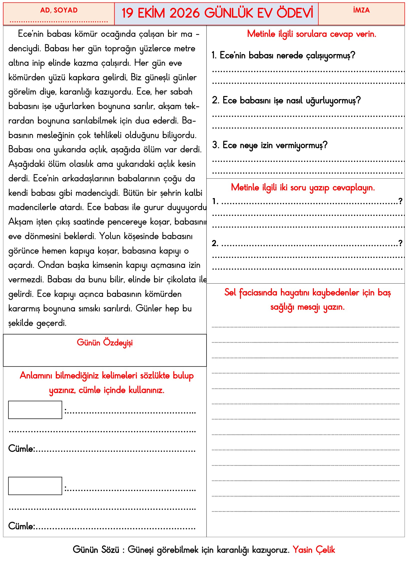 3.Sınıf - 19 Ekim 2026 Günlük Ev Ödevleri
