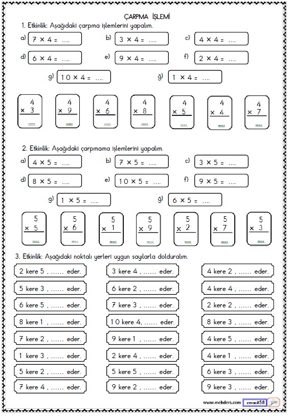 2. Sınıf Matematik Çarpma İşlemi Etkinliği 5