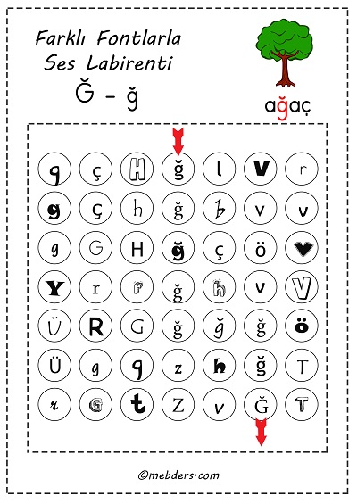 Farklı fontlarla ses labirenti - ğ sesi