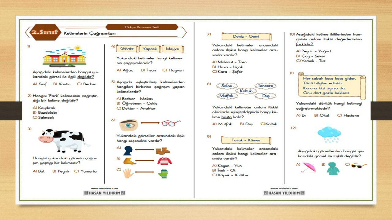 2.Sınıf Türkçe Kelimelerin Çağrışımları Testi