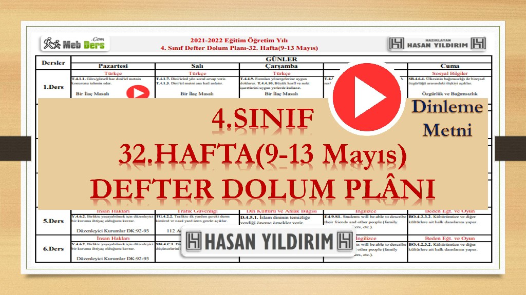 4.Sınıf 32.Hafta(9-13 Mayıs) Defter Dolum Planı