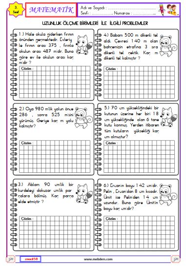 3. Sınıf Matematik Uzunluk Ölçme Birimleri İle İlgili Problemler Etkinliği 3