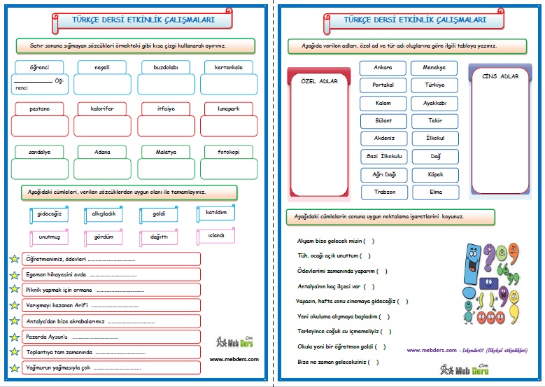 2.Sınıf Türkçe Dersi Etkinlik Çalışmaları (2 Sayfa)