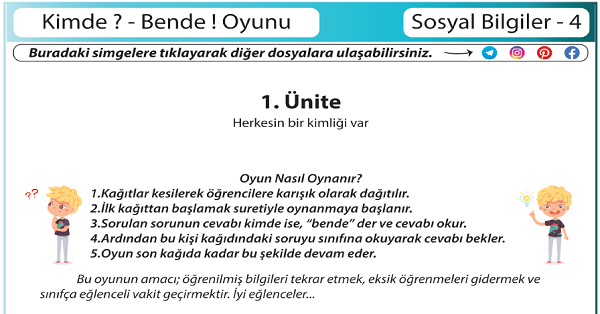 4.Sınıf Sosyal Bilgiler Kimde  Bende ! Oyunu (Herkesin Bir Kimliği Var Ünitesi)