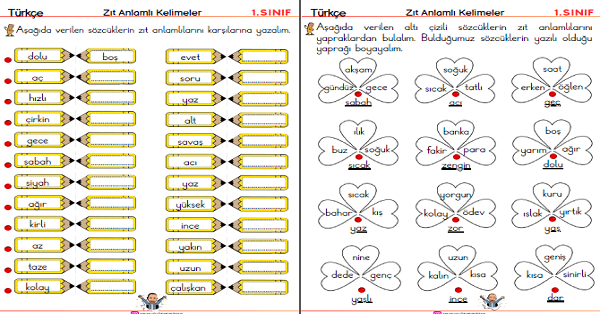 1. Sınıf Türkçe Zıt Anlamlı Kelimeler Çalışma Etkinlikleri (4 Sayfa)