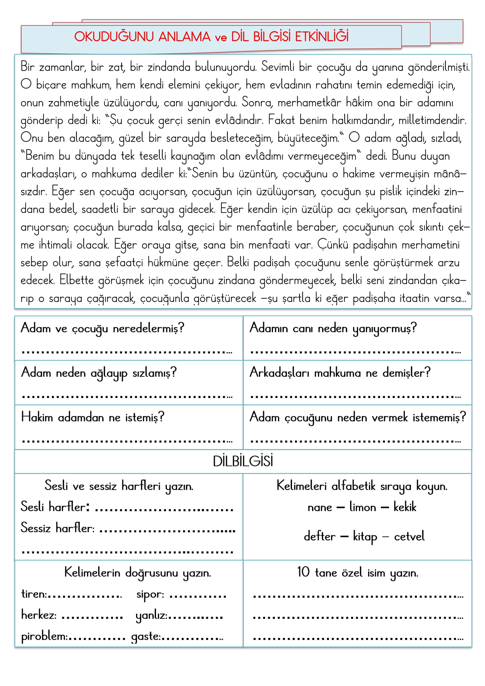 2.Sınıf - Türkçe Okuduğunu Anlama ve Dil Bilgisi Etkinliği-7