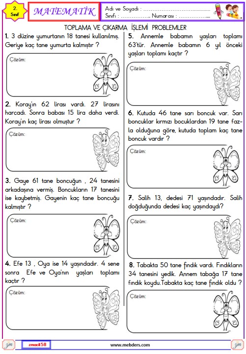 2. Sınıf Matematik Toplama ve Çıkarma İşlemi Problemleri Etkinliği 5