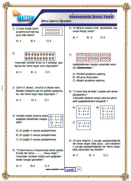 2. Sınıf Matematik Bölme İşlemini Öğrenelim Kazanım Testi