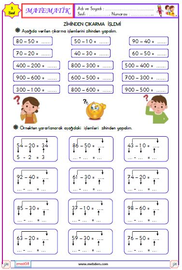 3. Sınıf Matematik Zihinden Çıkarma İşlemi Etkinliği 1