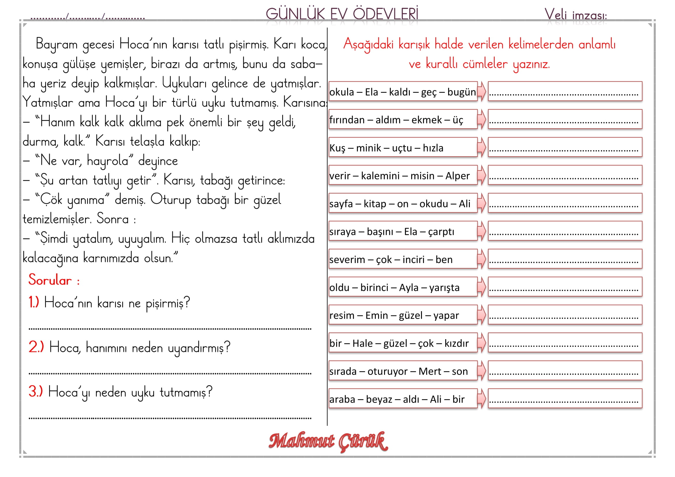 1.Sınıf 13 Mayıs 2025 Günlük Ev Ödevi