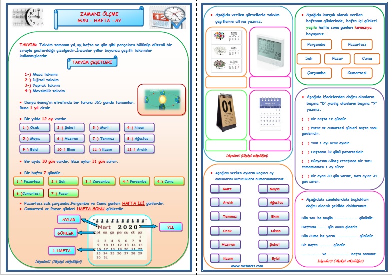 1.Sınıf Matematik Zamanı Ölçme Gün-Hafta-Ay Konu Anlatımı Etkinlik Çalışması (3 Sayfa)