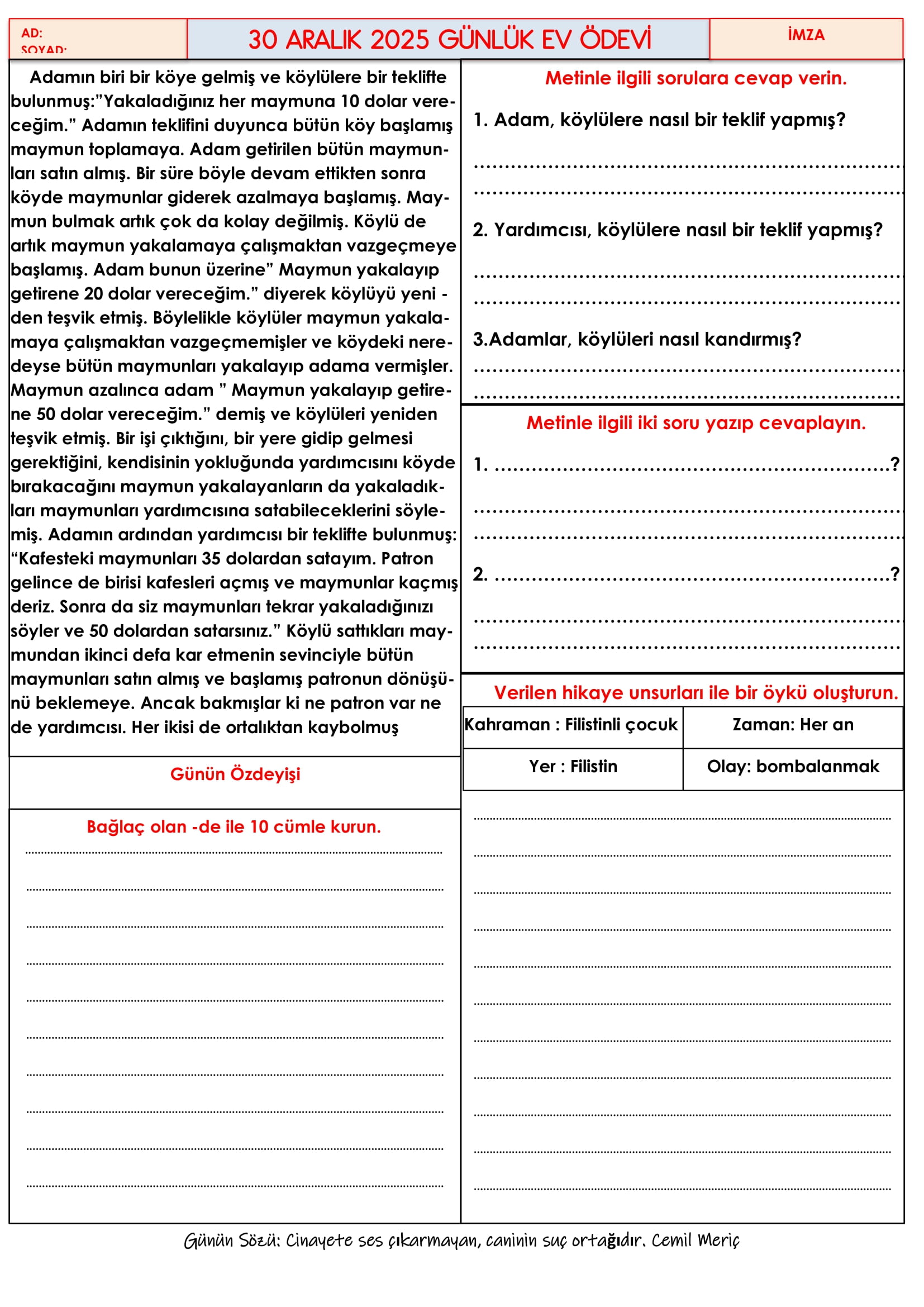 4.Sınıf - 30 Aralık 2025 Günlük Ev Ödevleri