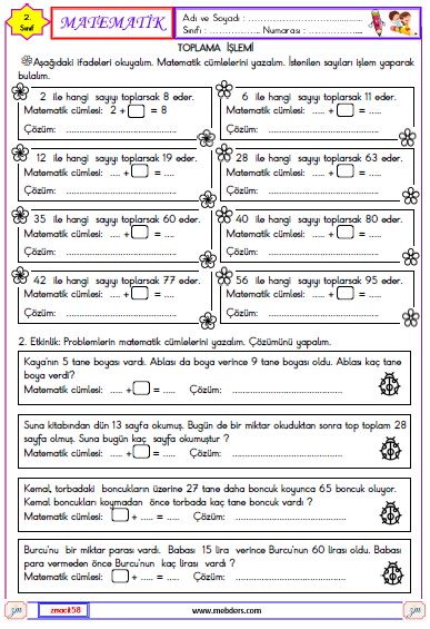 2. Sınıf Matematik Verilmeyen Toplananı Bulma Etkinliği 3