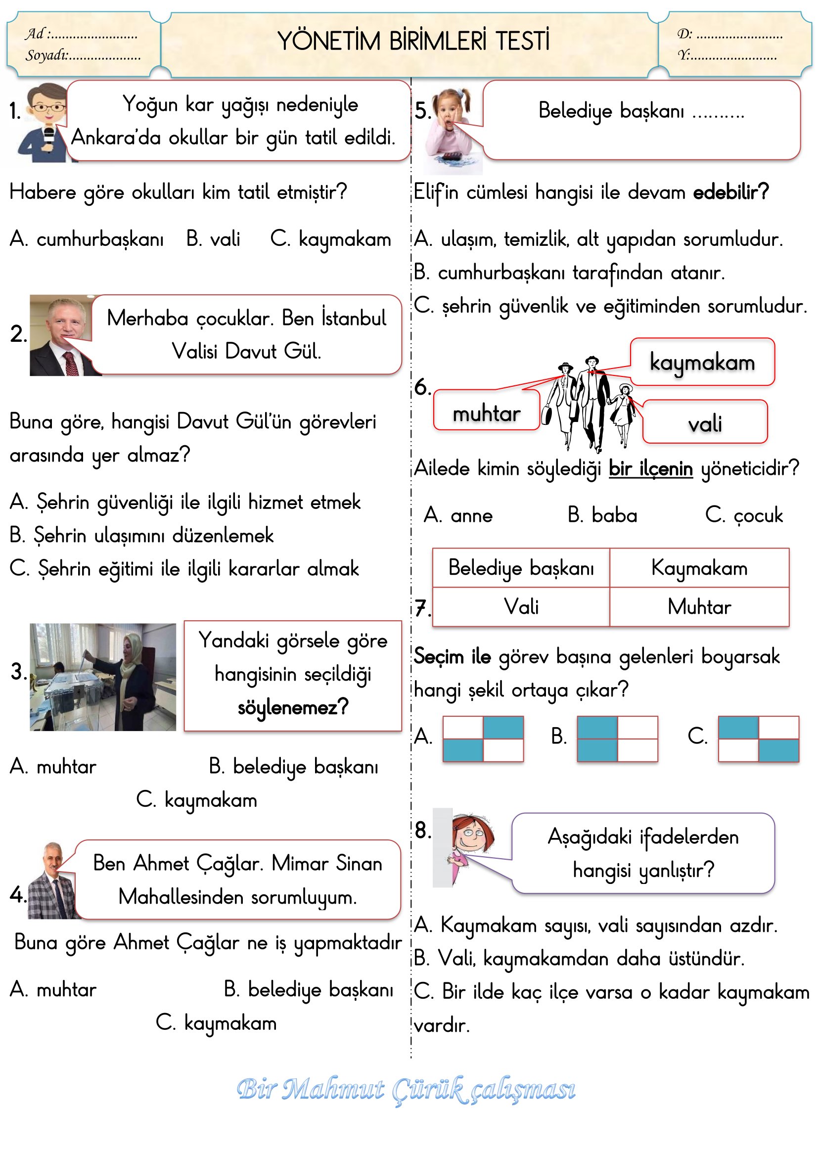 2.Sınıf Hayat Bilgisi Yönetim Birimleri Testi