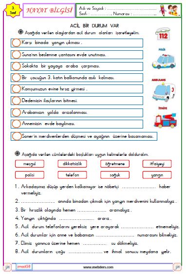 3. Sınıf Hayat Bilgisi Acil Durumlarda Etkinliği