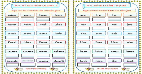 1. Sınıf İlk Okuma Yazma M-m Sesi Hece Kelime Çalışmaları