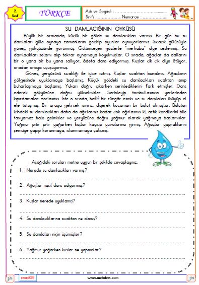 2. Sınıf Türkçe Okuma ve Anlama Metni Etkinliği (Su Damlacığının Öyküsü)