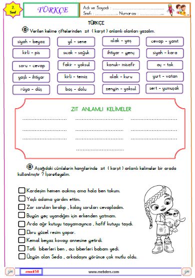 2. Sınıf Türkçe Zıt  Anlamlı Kelimeler Etkinliği