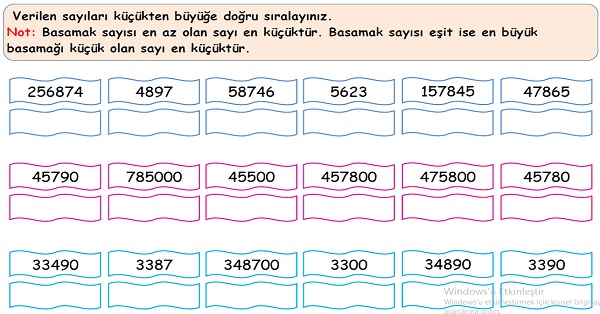 4.Sınıf Matematik  Doğal Sayıları Sıralama Etkinliği 2