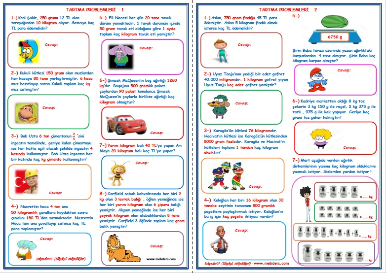 4.Sınıf Matematik Tartma İşlemi Problemleri 1-2  (2 Sayfa)