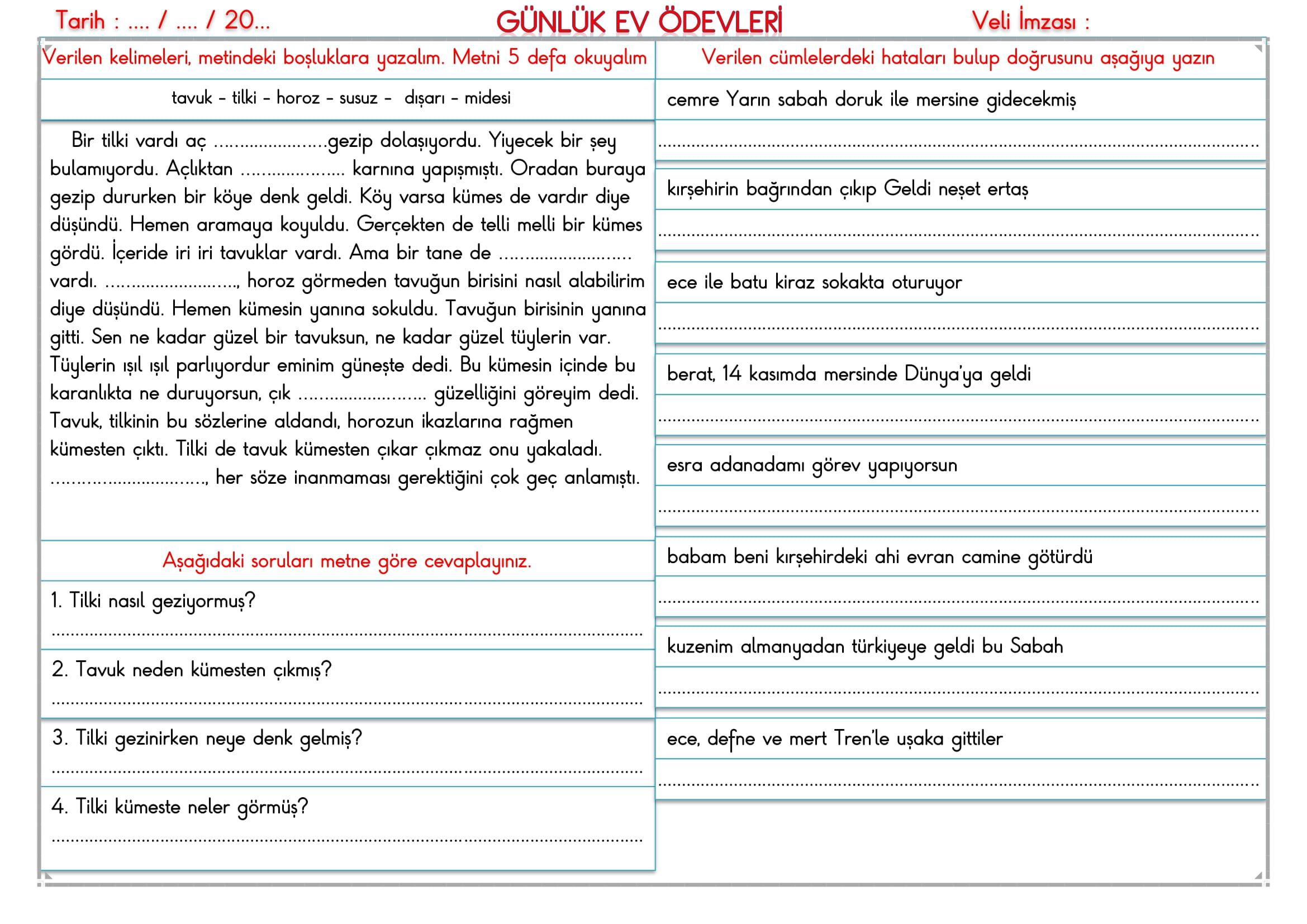 2.Sınıf - 10 Ekim 2025 Günlük Ev Ödevleri