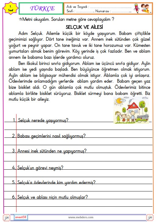 1. Sınıf Türkçe Okuma ve Anlama Metni Etkinliği (Selçuk ve Ailesi)