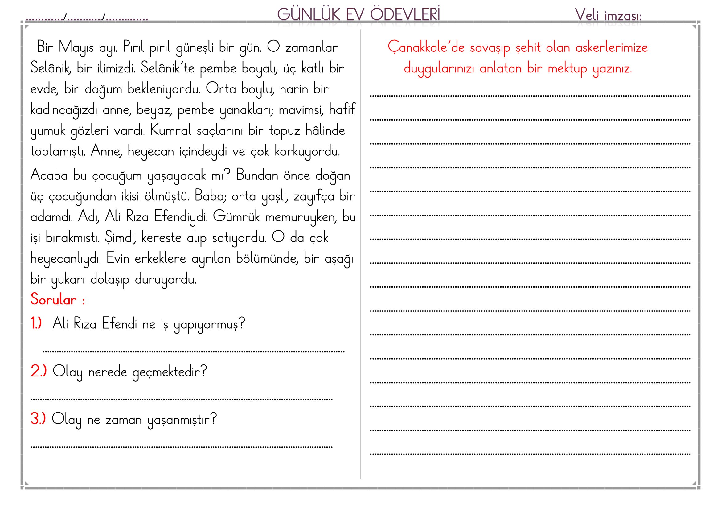 1.Sınıf - 26 Mart 2026 Günlük Ev Ödevleri