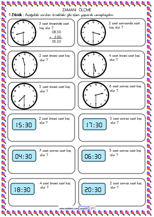 2. Sınıf Matematik Zamanı Ölçme ve Saat Etkinliği 12