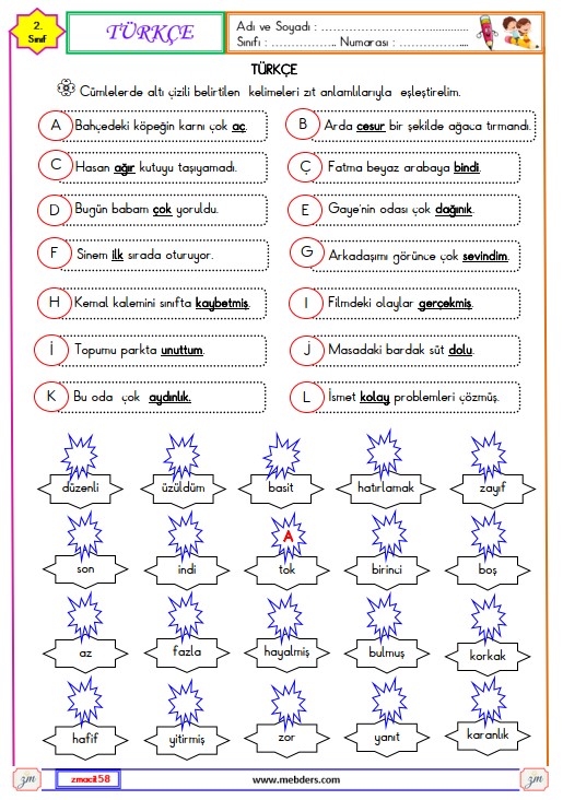 2. Sınıf Türkçe Zıt Anlamlı Kelimeler Etkinliği 2