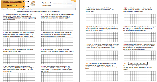 4.Sınıf Matematik Toplama İşlemi ile İlgili Problemler Etkinliği 4