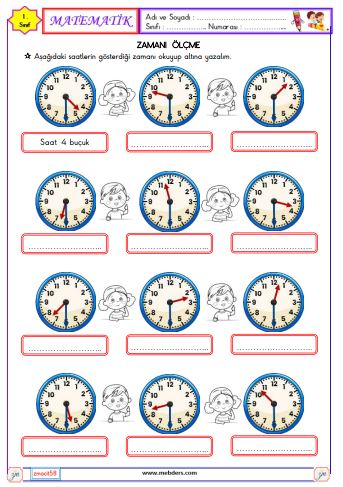 1. Sınıf Matematik Zamanı Ölçme ve Saat Etkinliği 3