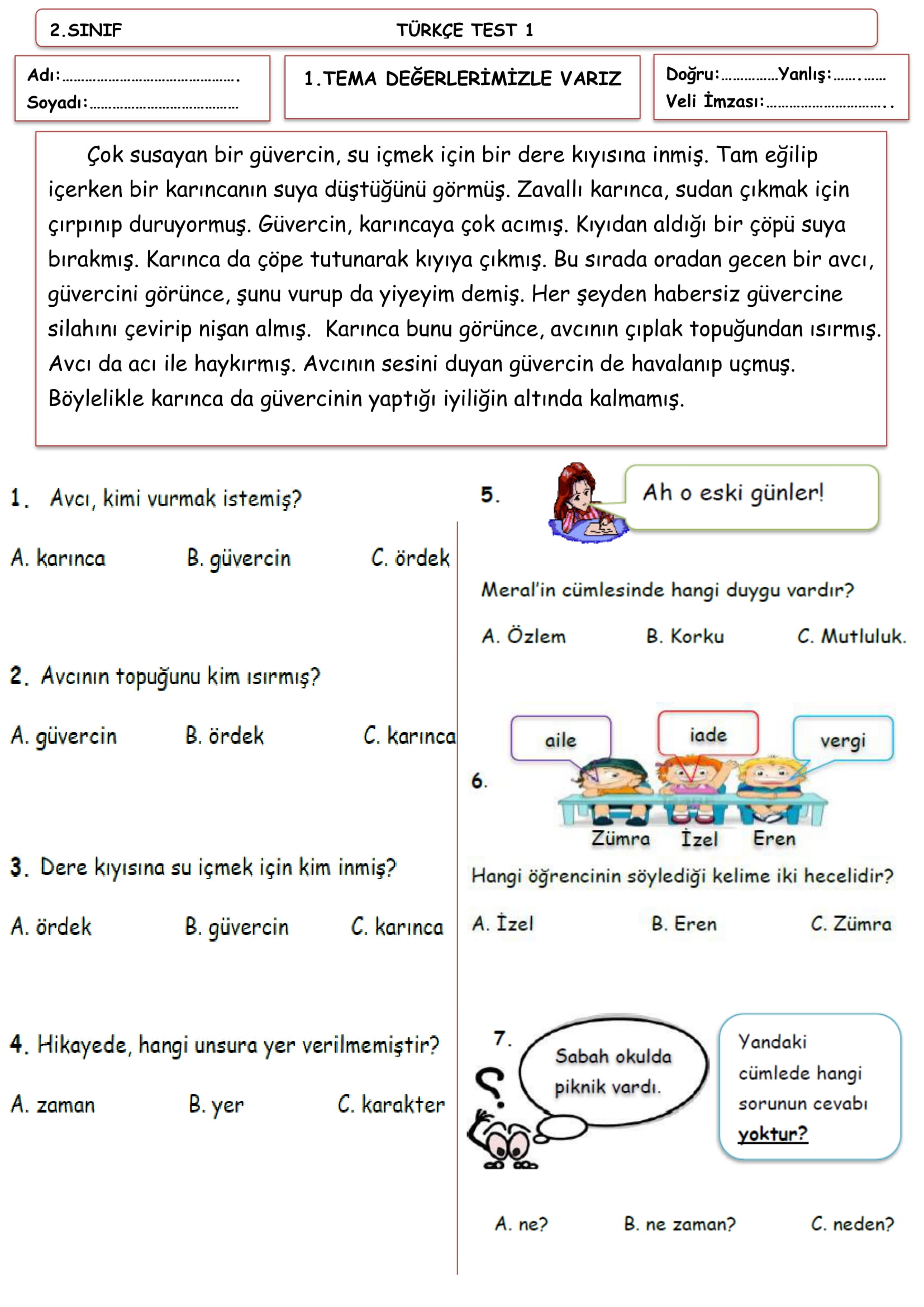 2.Sınıf Türkçe Test 1