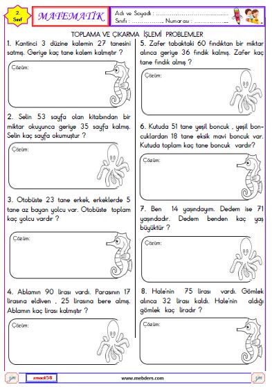 2.Sınıf Matematik Toplama ve Çıkarma İşlemi Problemler Etkinliği 3