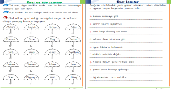 1.Sınıf Türkçe Özel İsimler ve Yazılışları Etkinliği 2
