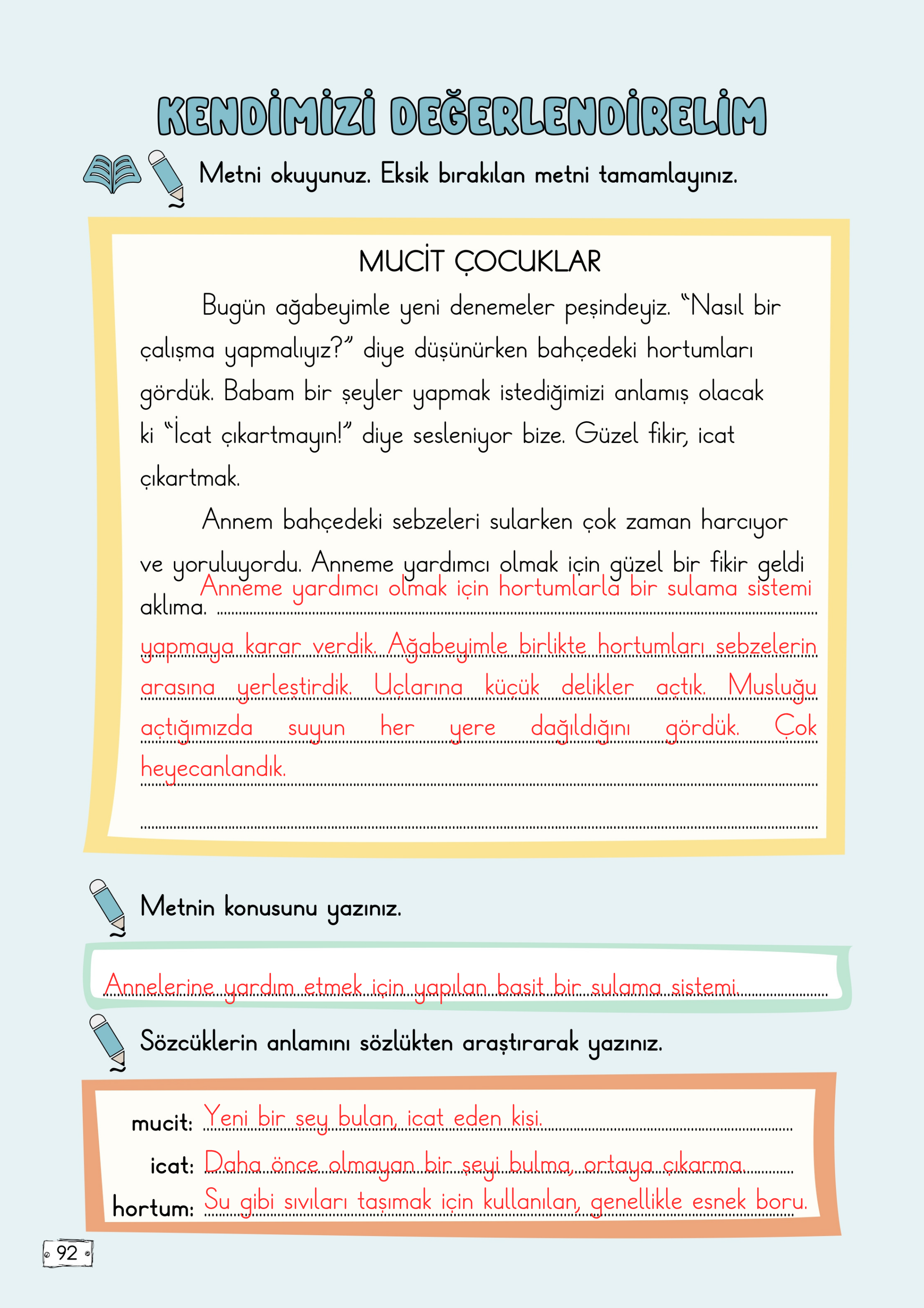 2. Sınıf Türkçe Meb Yayınları 6. Tema (Mucit Çocuk) Değerlendirme Soruları Cevapları
