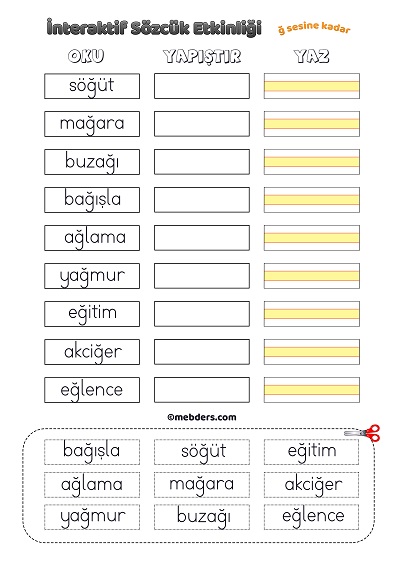 İnteraktif Sözcük Etkinliği - Ğ Sesine Kadar