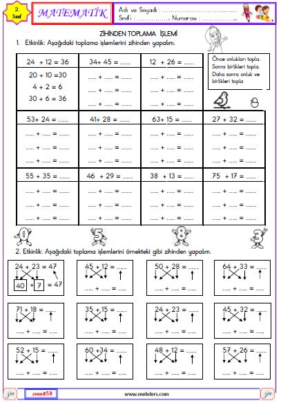 2. Sınıf Matematik Zihinden Toplama İşlemi Etkinliği 2